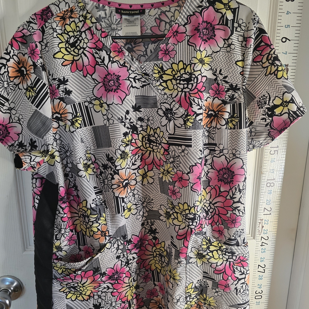HeartSoul Floral Print Scrub Top - Pink, Yellow, Orange, Black